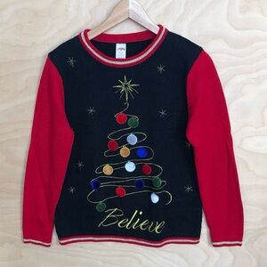 Holiday Time Ugly Christmas Sweater Red Black Believe Women Sz M.